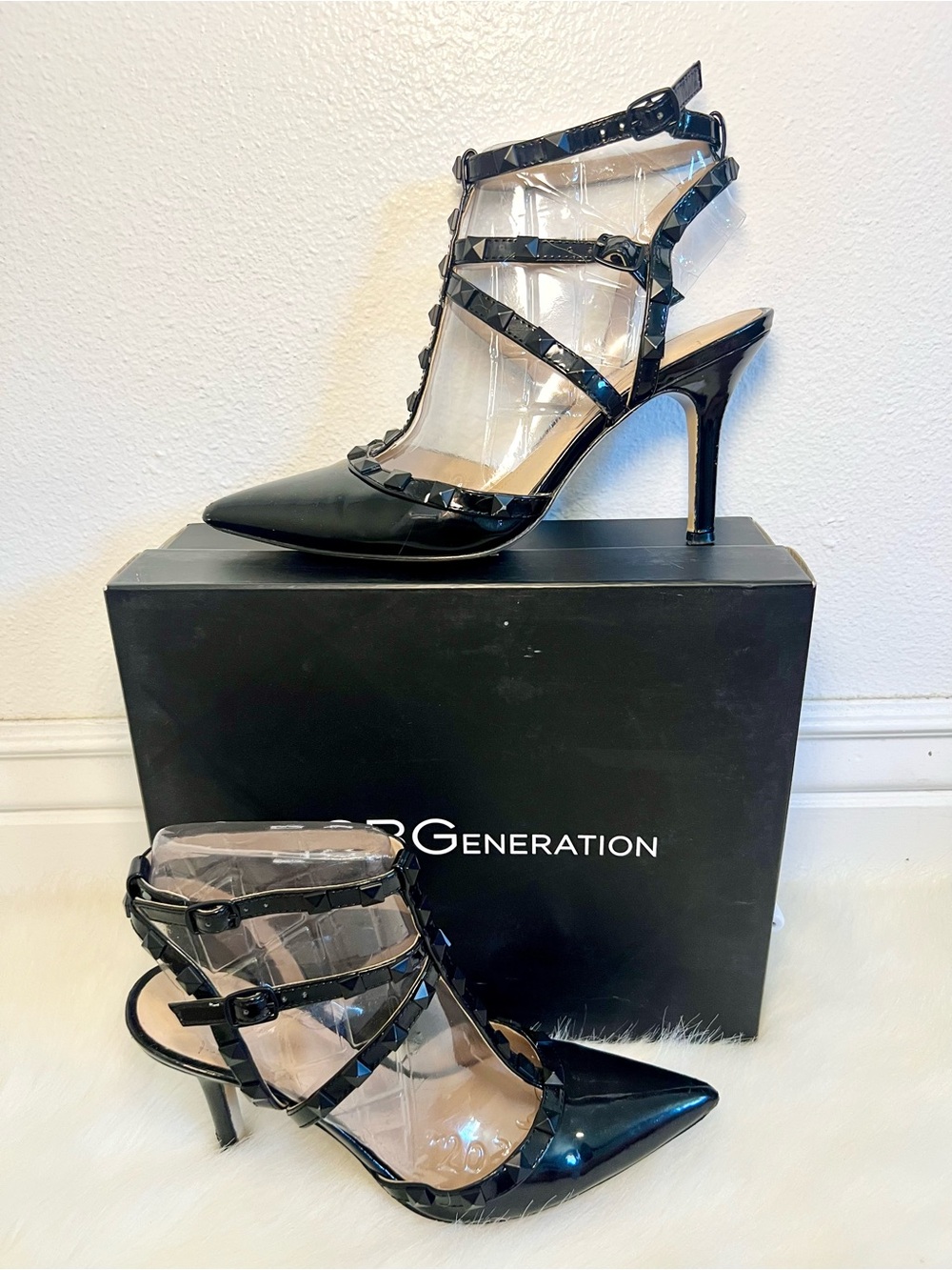 BCBGeneration Darron Black Studded Strappy Pointed-Toe High Heels
